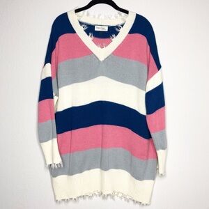 CLEARANCE✨ Peach Love Frayed Pink Stripe Oversize Sweater S Preppy Coastal